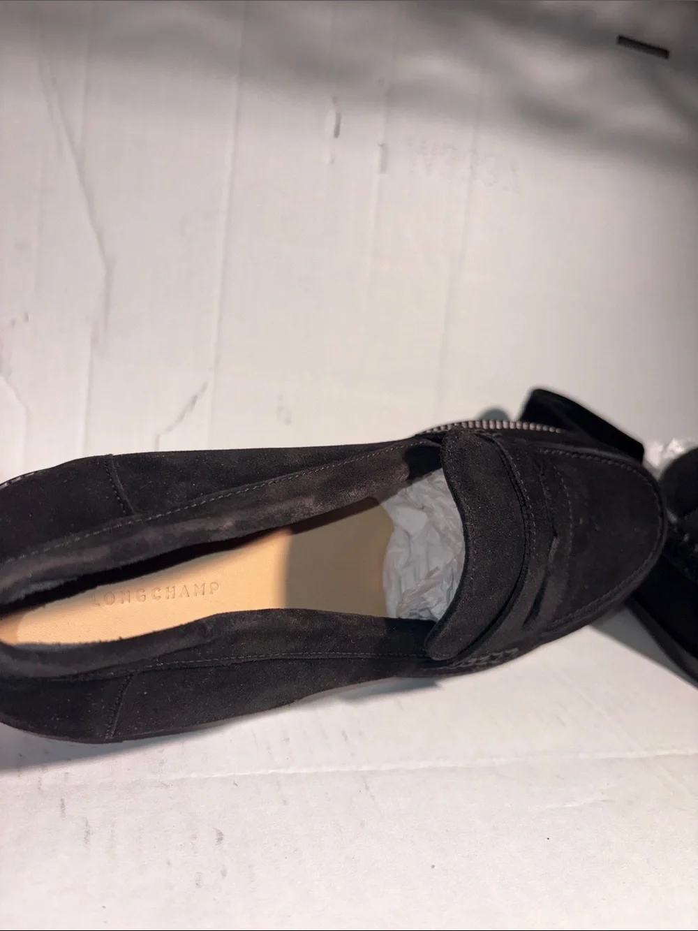 Longchamp Men's Black Suede Slip-On Penny Loafers Size 41.5